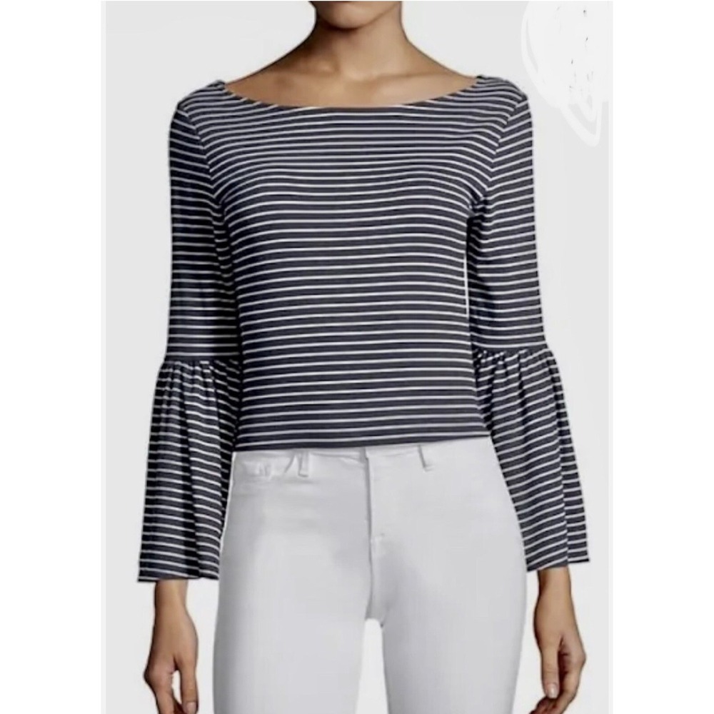 FRAME Women's Small Boatneck Bell Sleeve Navy & White Striped Modal Blouse Top